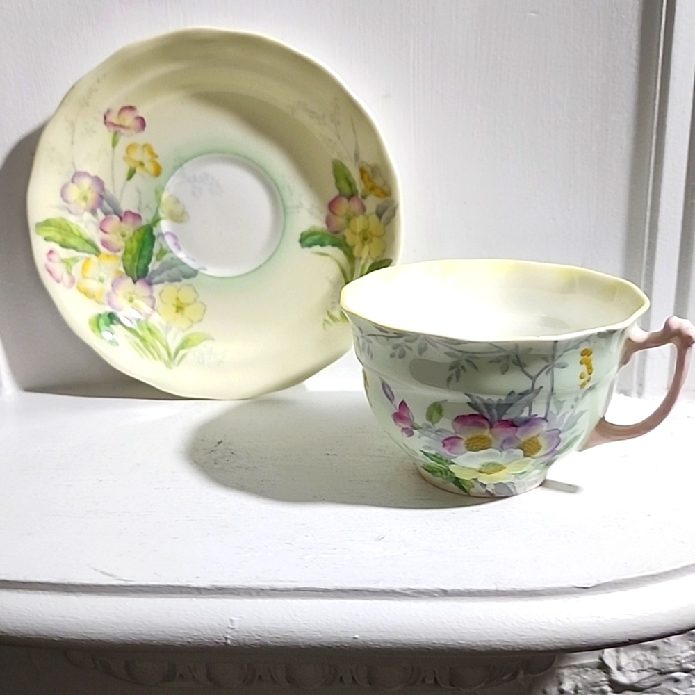 Old Royal Bone China Teacup and Saucer (2818 Light Green, Yellow and Pink)